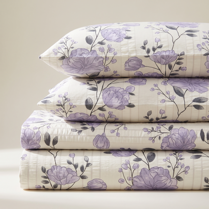 Peony Sheet Set, folded stack, lilac peonies on ivory