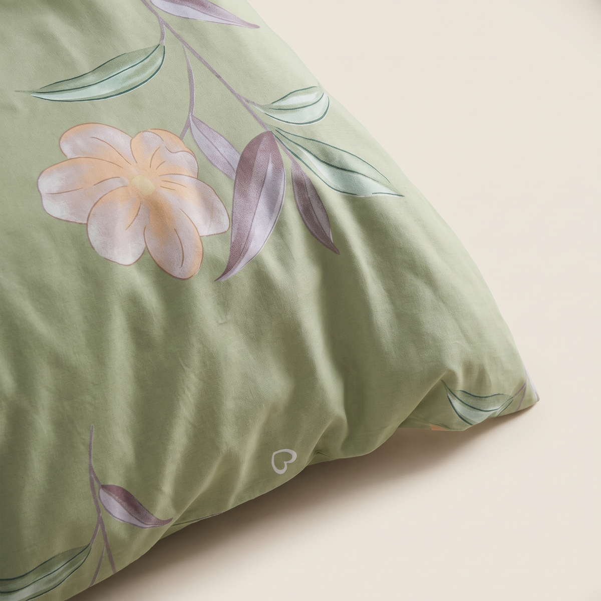 Lotus Duvet Cover Set, fold detail, pale pink lotus flowers on sage green