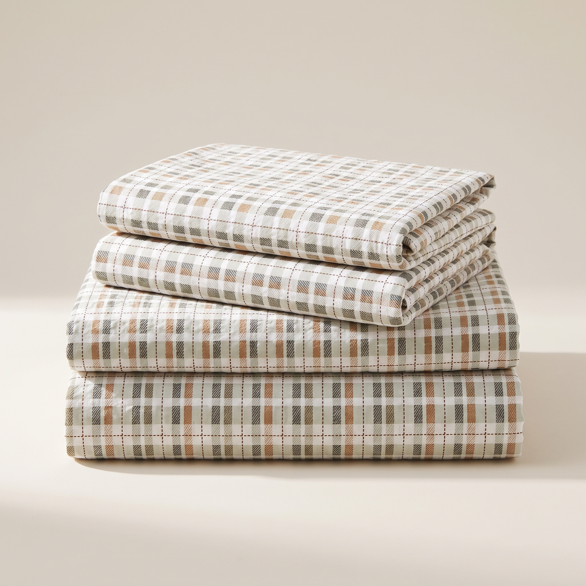 Saffron Sheet Set, folded stack, camel and cream gingham