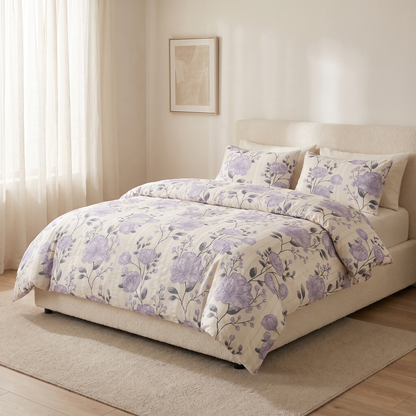 Peony Duvet Cover Set, made bed, lilac peonies on ivory