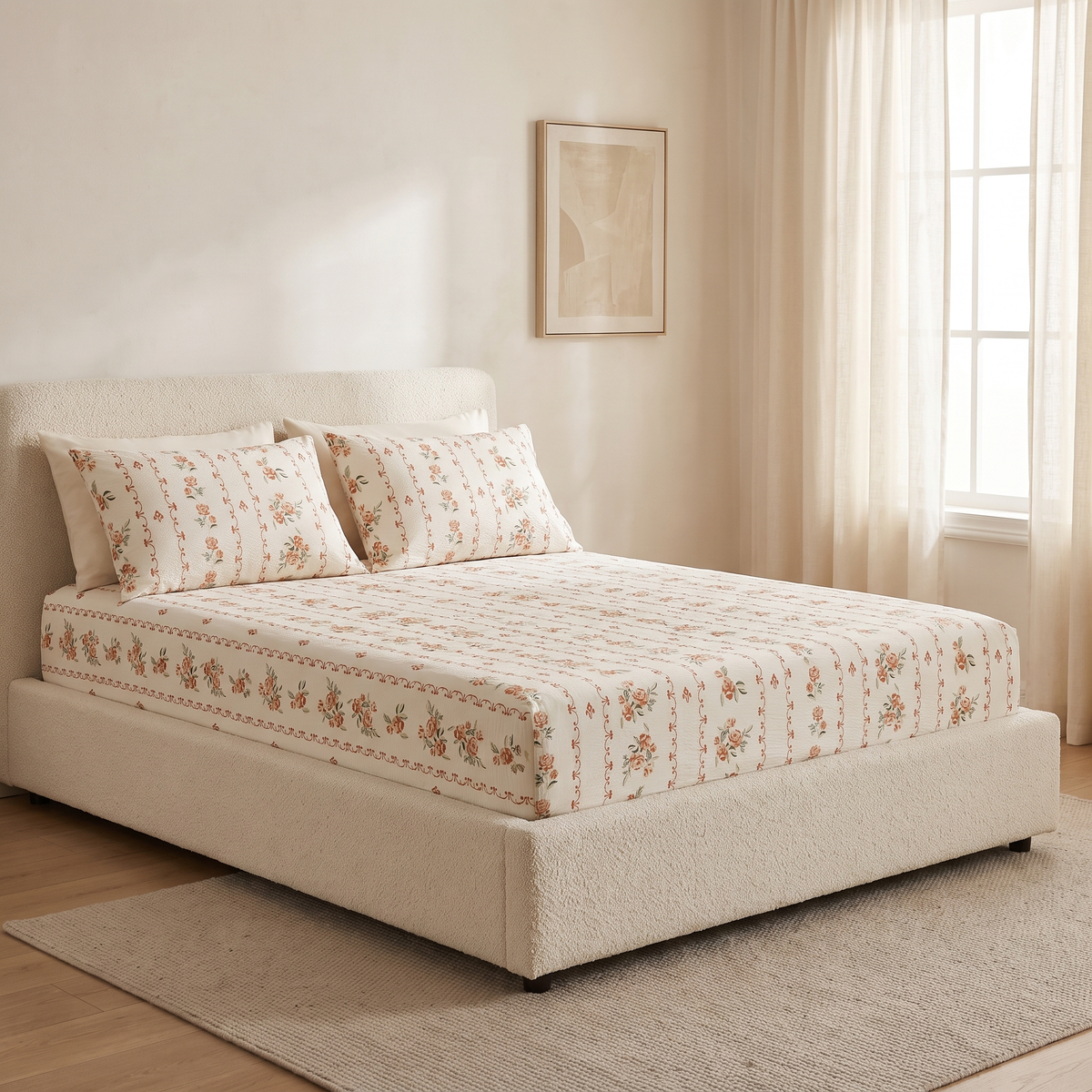 Rosette Sheet Set, made bed, small coral roses on vines