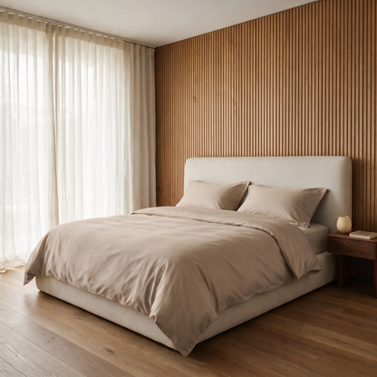 Sand Duvet Cover Set, made bed in an oak slat bedroom, warm tan