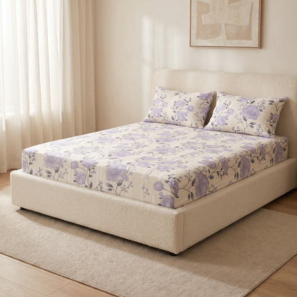 Peony Sheet Set, made bed, lilac peonies on ivory