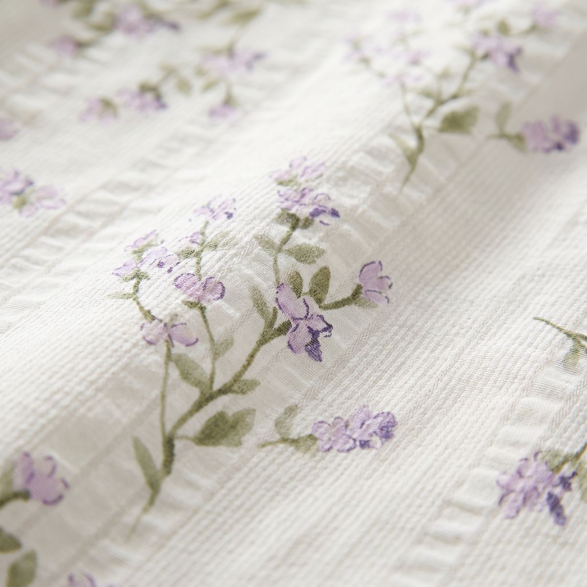 Lavender Sheet Set, fabric close-up, lavender sprigs on cream