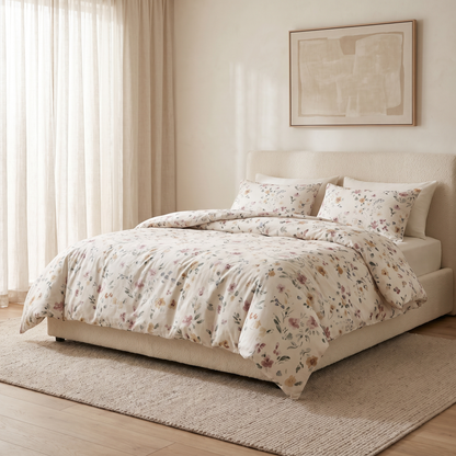 Meadow Duvet Cover Set, made bed, watercolor wildflowers in rose and amber