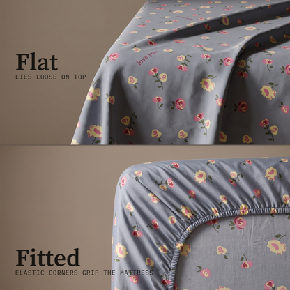 Amour Sheet Set, flat and fitted sheet side by side, small roses and hearts on dusty blue