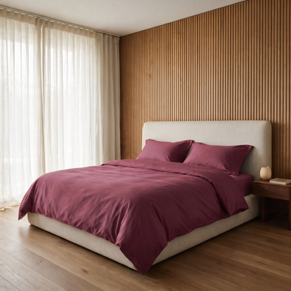 Velvet Duvet Cover Set, made bed in an oak slat bedroom, deep wine