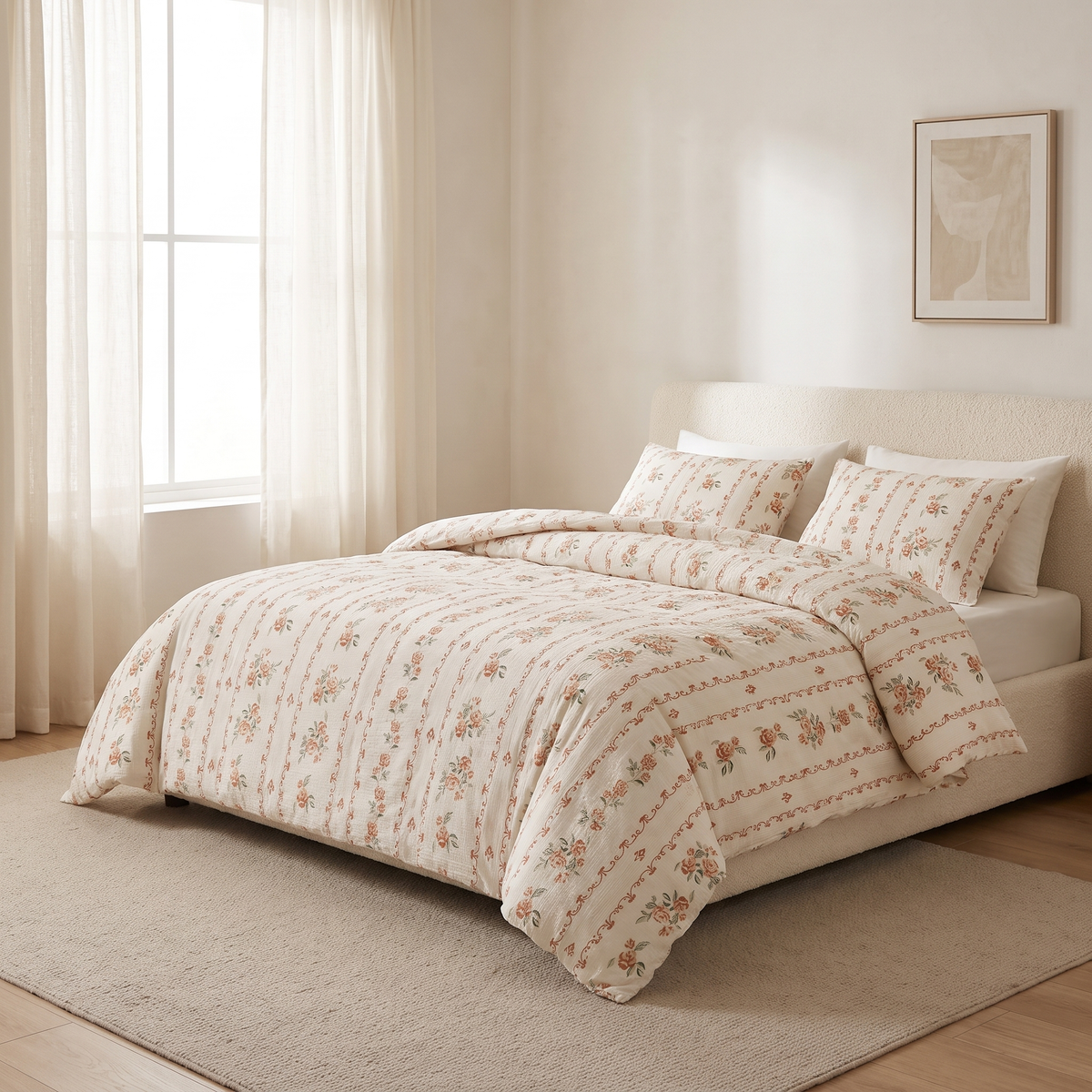Rosette Duvet Cover Set, made bed, small coral roses on vines