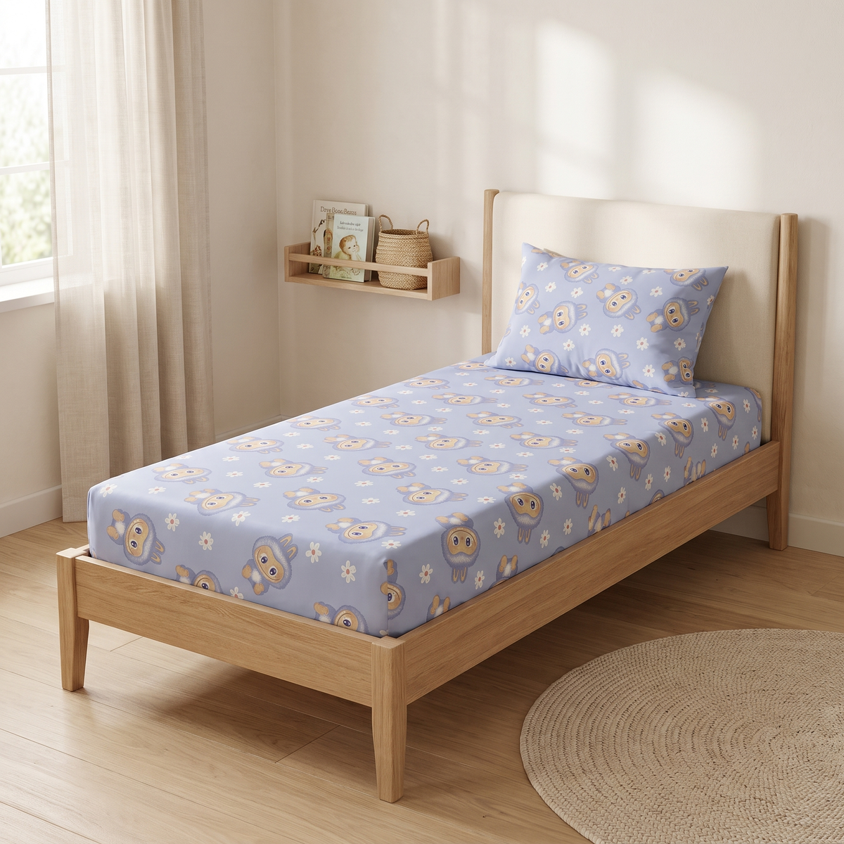 Burrow Sheet Set, made bed, rabbits and daisies on periwinkle