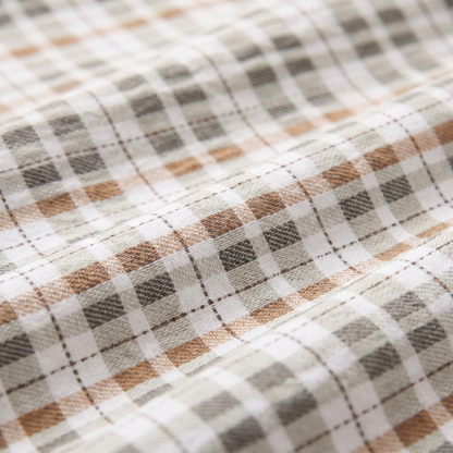 Saffron Sheet Set, fabric close-up, camel and cream gingham
