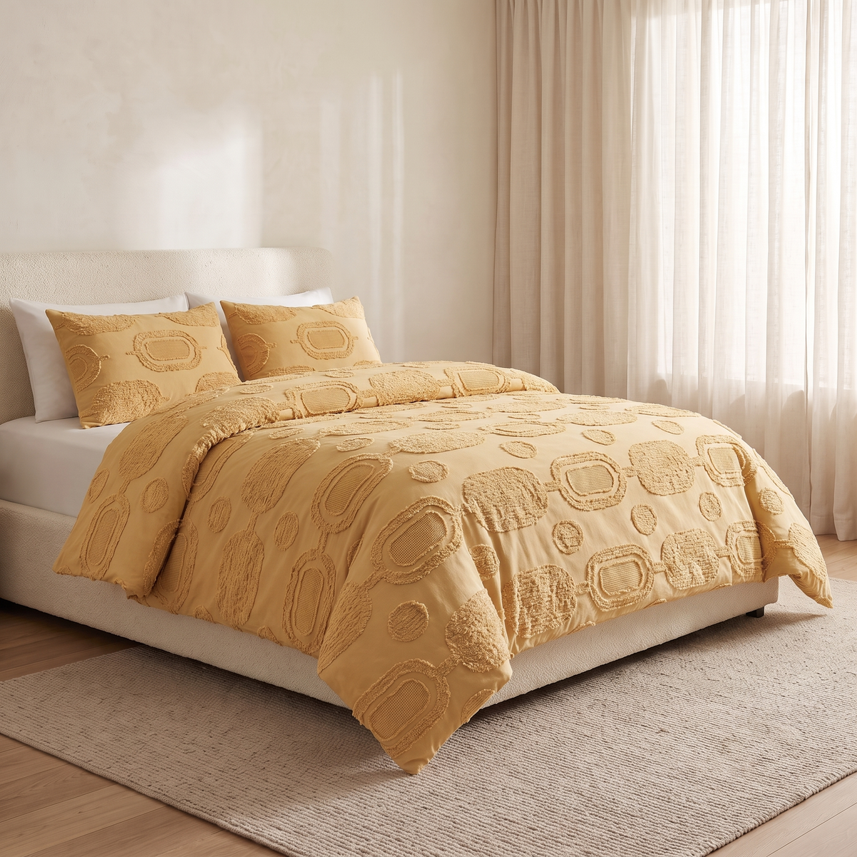 Honeycomb Duvet Cover Set, made bed, honey gold with a raised honeycomb