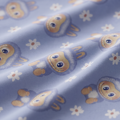 Burrow Duvet Cover Set, fabric close-up, rabbits and daisies on periwinkle