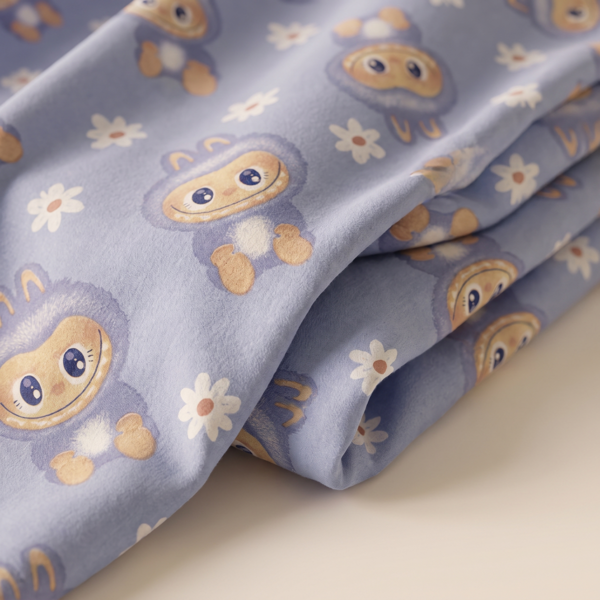 Burrow Duvet Cover Set, fold detail, rabbits and daisies on periwinkle