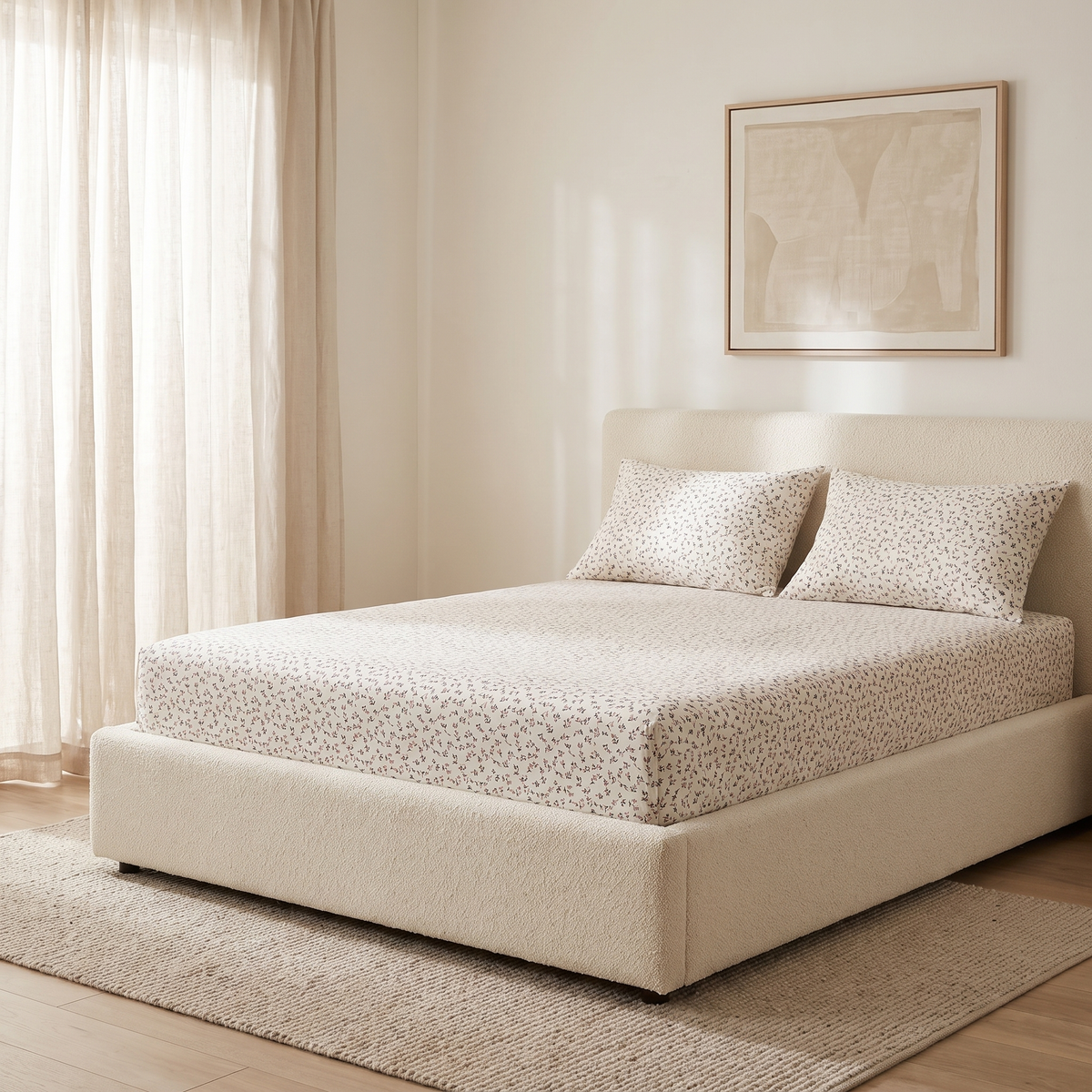 Rosewood Sheet Set, made bed, fine gray vine on white