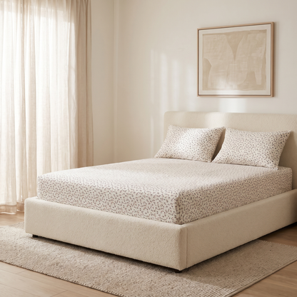 Rosewood Sheet Set, made bed, fine gray vine on white