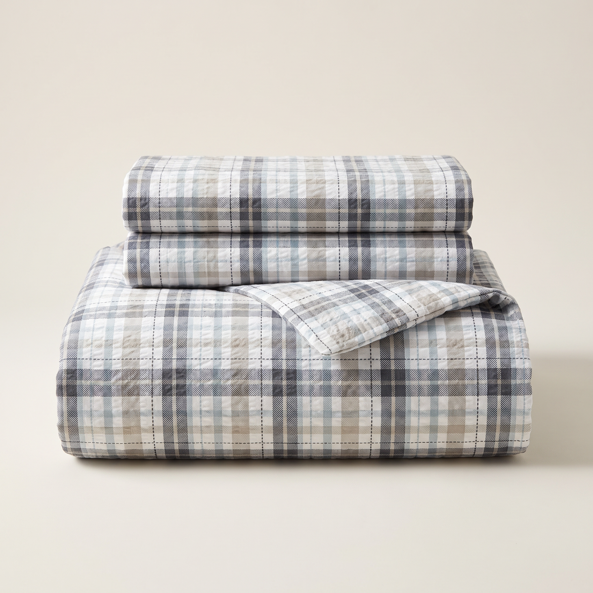 Oxford Duvet Cover Set, folded stack, gray and slate blue plaid