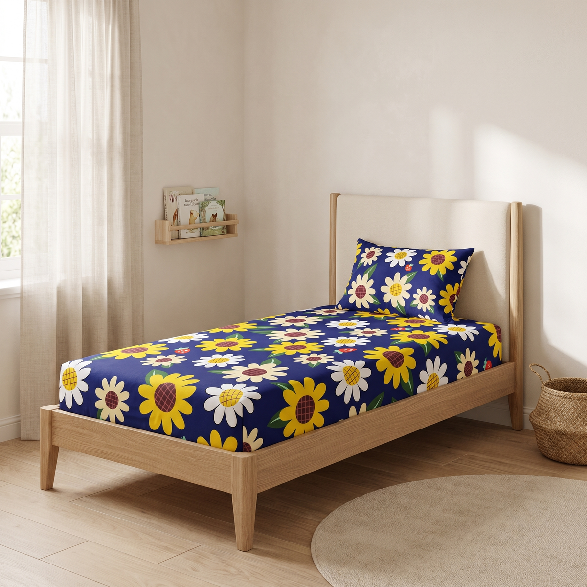 Sunny Sheet Set, made bed, sunflowers and daisies on navy