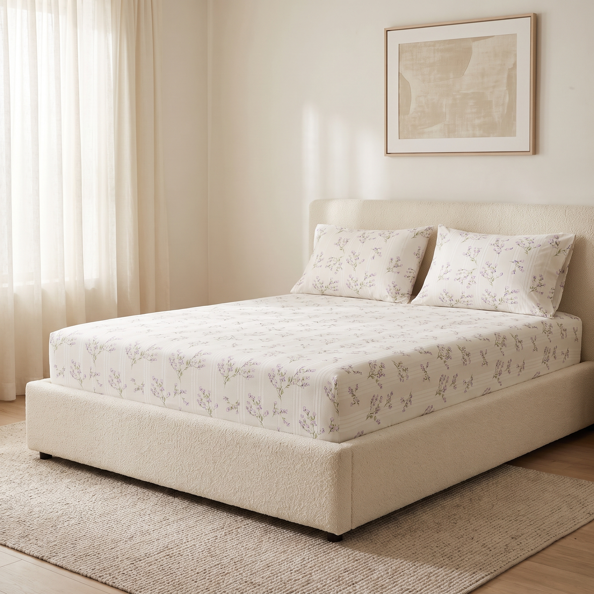 Lavender Sheet Set, made bed, lavender sprigs on cream