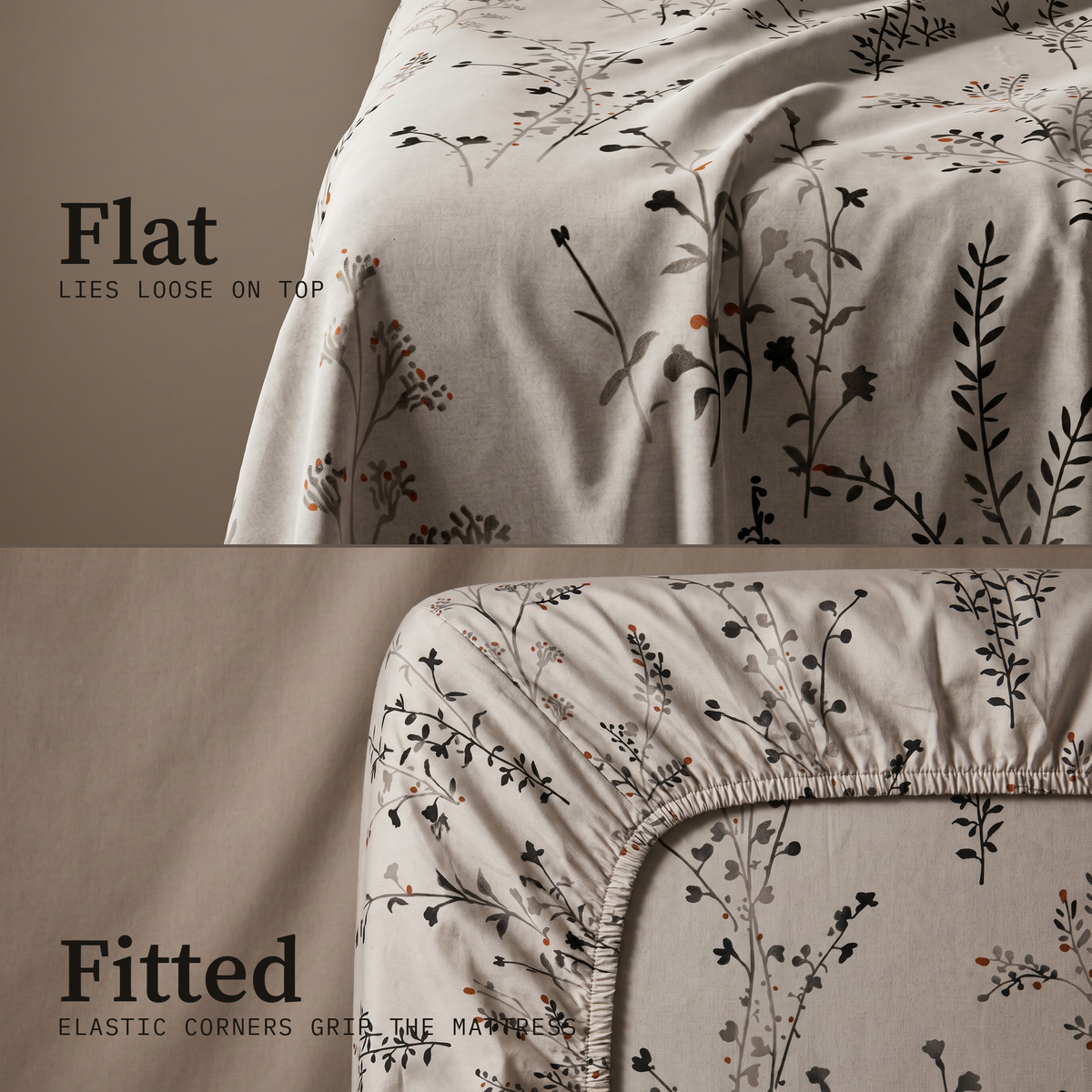 Willow Sheet Set, flat and fitted sheet side by side, dark wildflower stems on warm stone