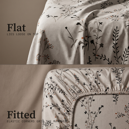 Willow Sheet Set, flat and fitted sheet side by side, dark wildflower stems on warm stone