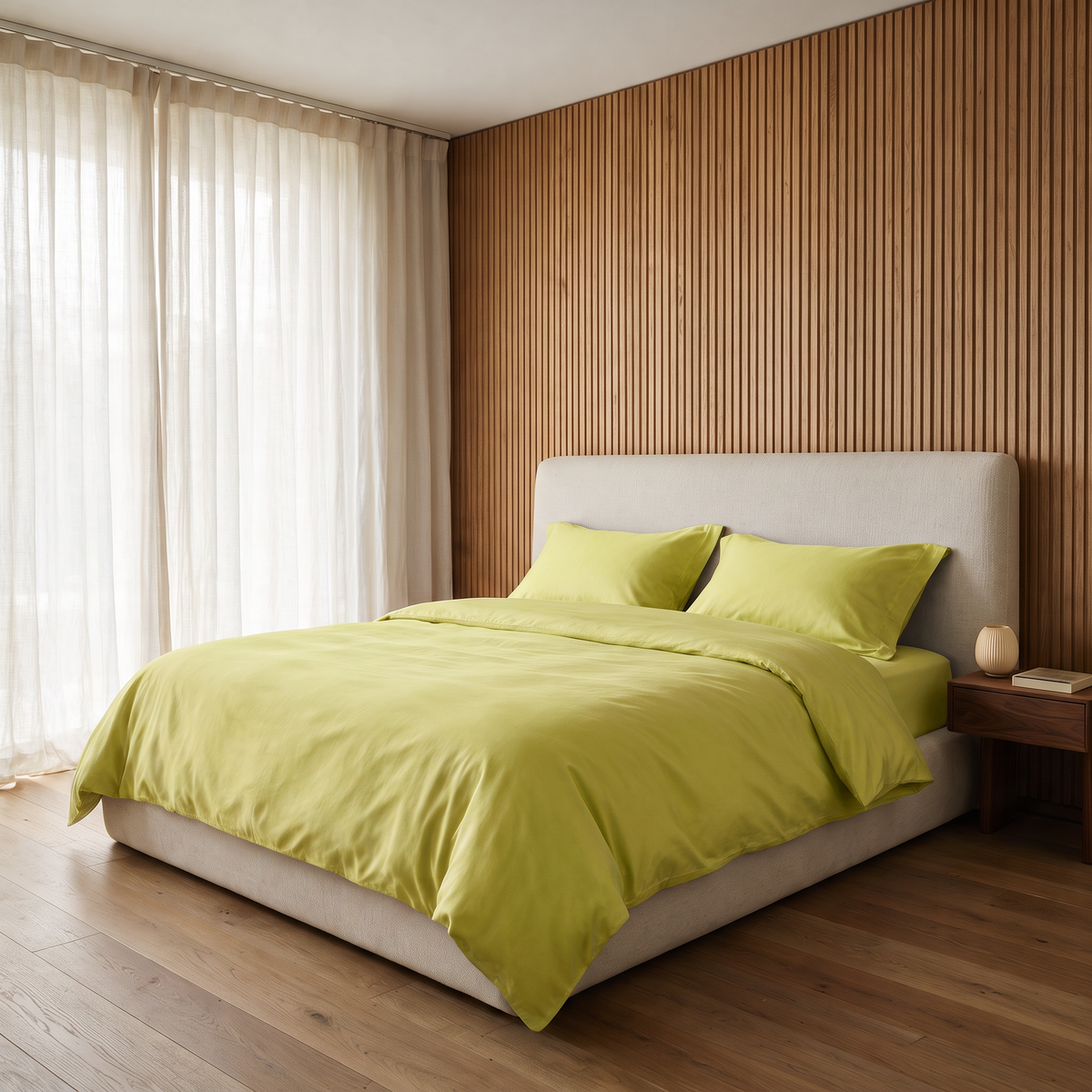 Citrus Duvet Cover Set, made bed in an oak slat bedroom, fresh citrus yellow-green