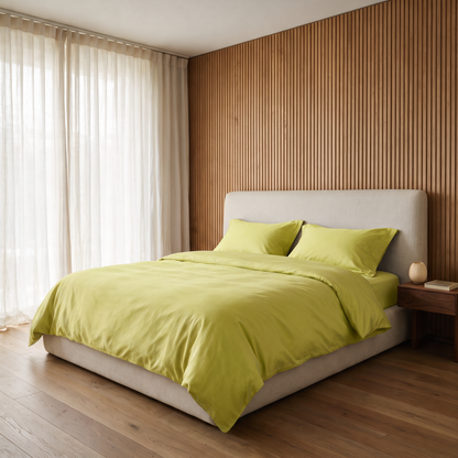 Citrus Duvet Cover Set, made bed in an oak slat bedroom, fresh citrus yellow-green