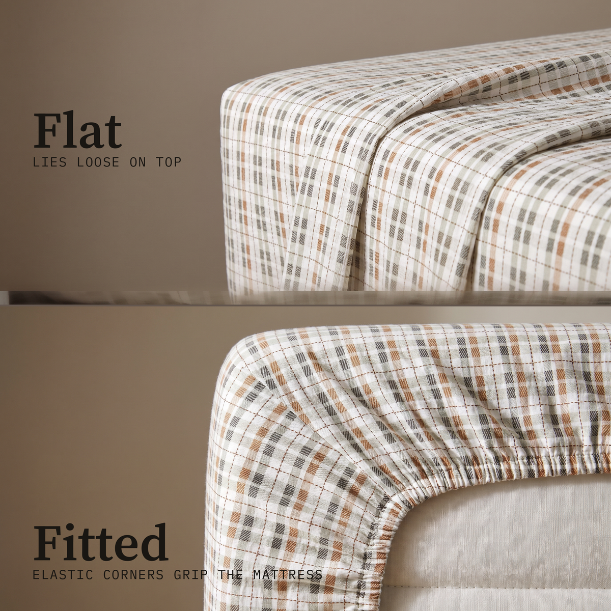 Saffron Sheet Set, flat and fitted sheet side by side, camel and cream gingham