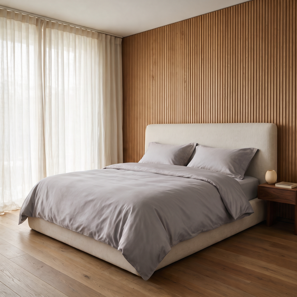 Stone Duvet Cover Set, made bed in an oak slat bedroom, warm stone gray