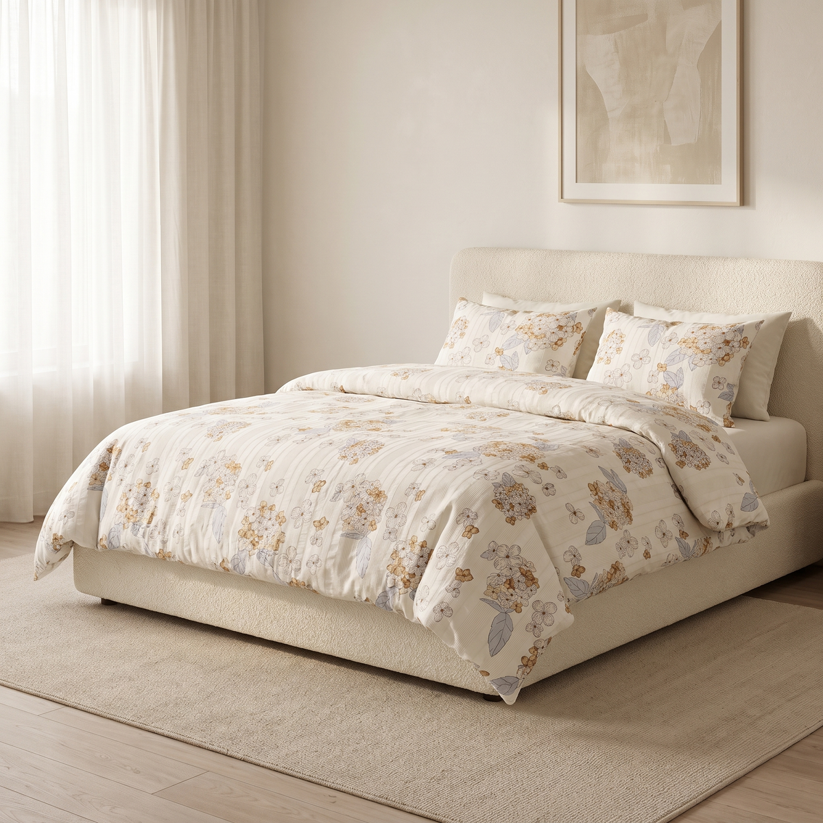 Petal Duvet Cover Set, made bed, tan and white cherry blossom on cream