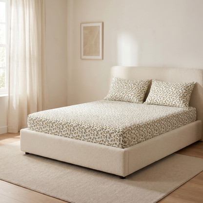 Olive Sheet Set, made bed, olive leaf print on ivory