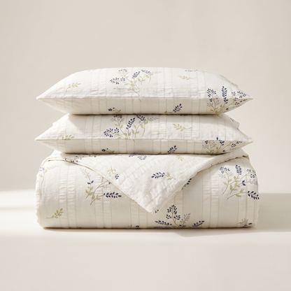 Heather Duvet Cover Set, folded stack, thyme and heather in gray-green on cream