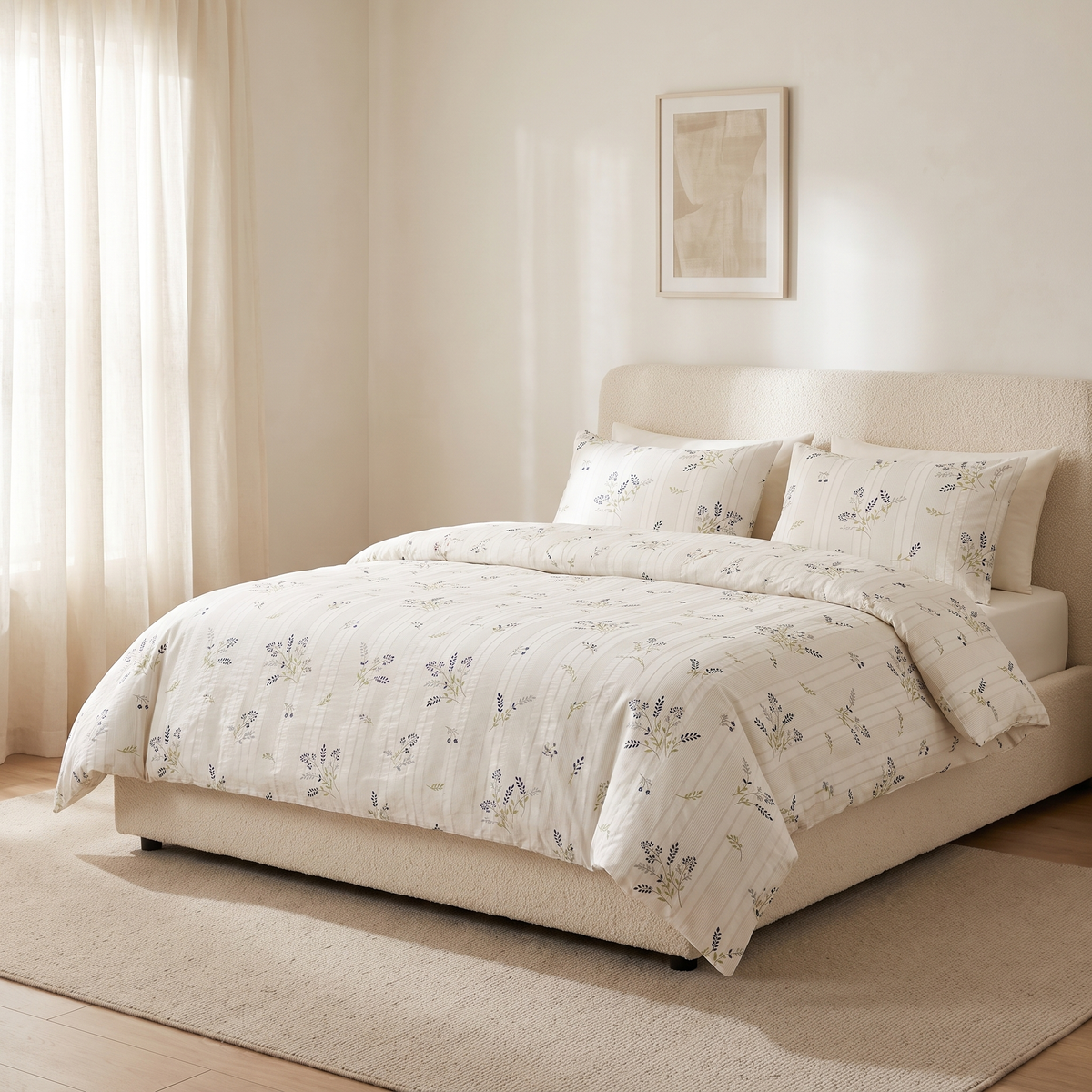 Heather Duvet Cover Set, made bed, thyme and heather in gray-green on cream