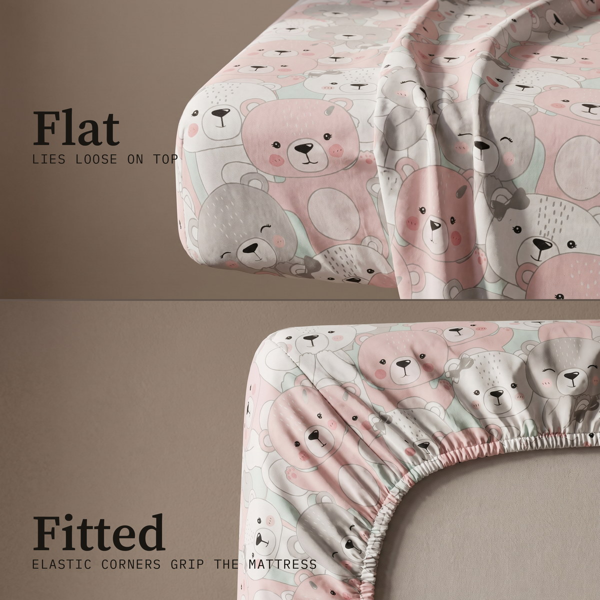Cuddle Sheet Set, flat and fitted sheet side by side, pink and gray teddy bears