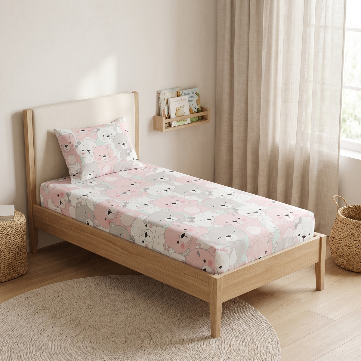 Cuddle Sheet Set, made bed, pink and gray teddy bears