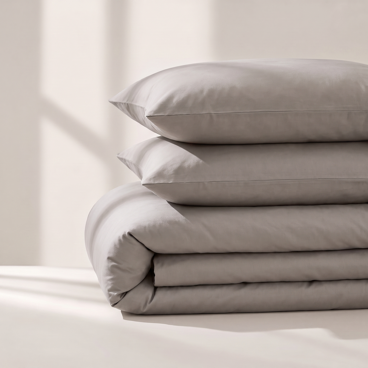 Stone Duvet Cover Set, folded stack, warm stone gray