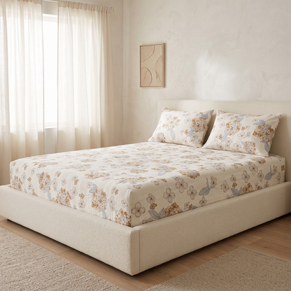 Petal Sheet Set, made bed, tan and white cherry blossom on cream