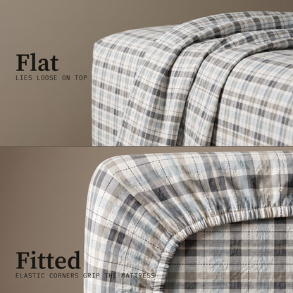 Oxford Sheet Set, flat and fitted sheet side by side, gray and slate blue plaid