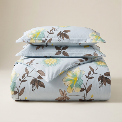 Azure Duvet Cover Set, folded stack, yellow blooms on sky blue