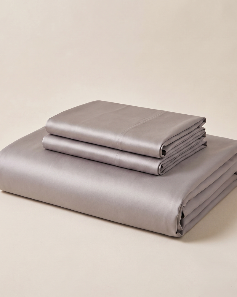 Smoke Satin Sheet Set, folded stack