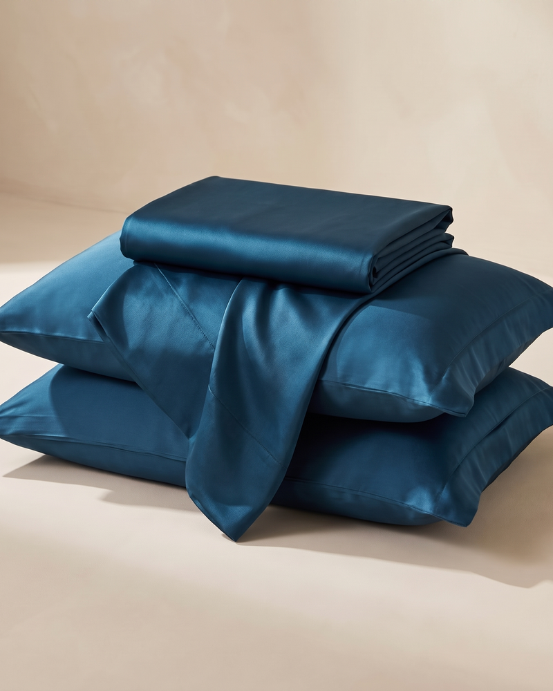 Lagoon Satin Sheet Set, folded stack