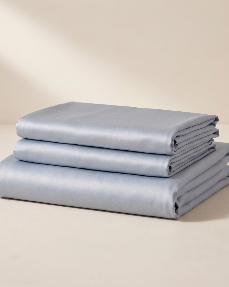 Mist Satin Sheet Set, folded stack
