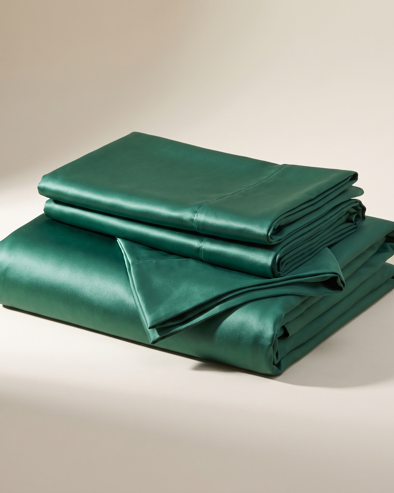 Emerald Satin Sheet Set, folded stack