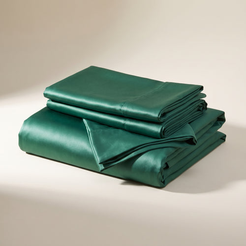 Emerald Satin Sheet Set — folded stack
