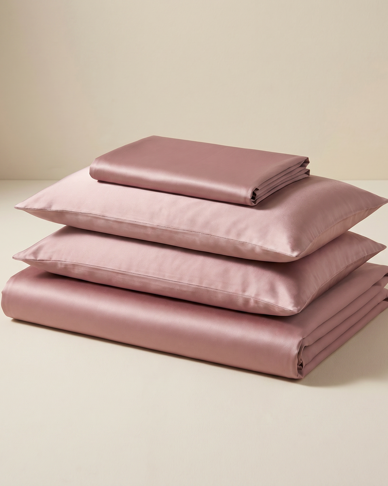 Peach Satin Sheet Set, folded stack