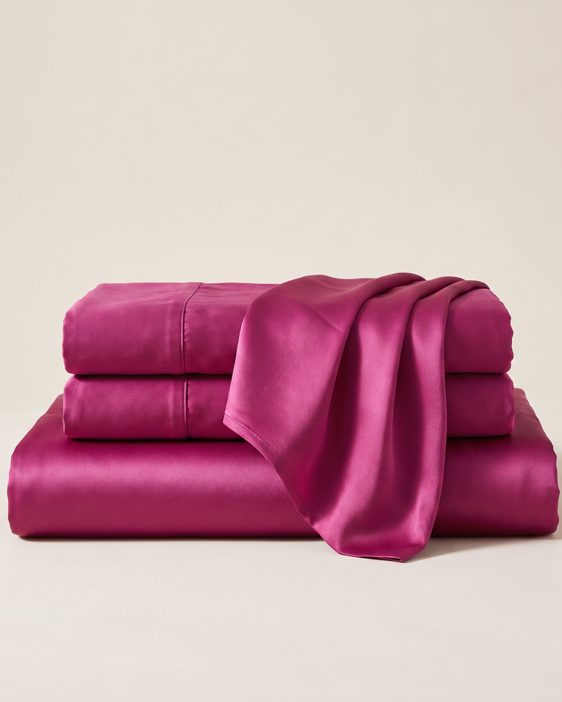 Berry Satin Sheet Set, folded stack