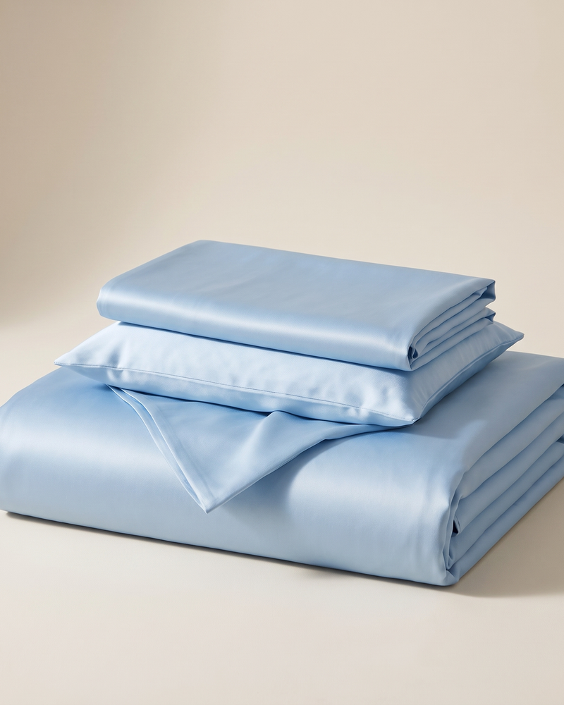 Sky Satin Sheet Set, folded stack
