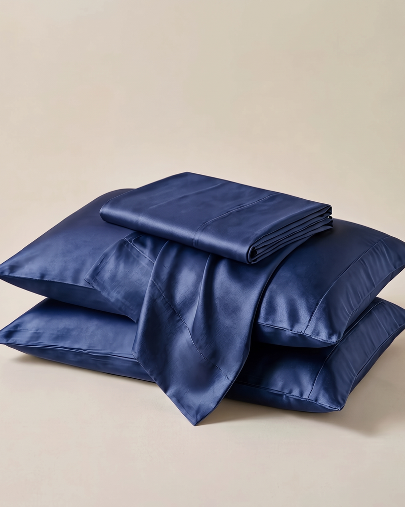 Navy Satin Sheet Set, folded stack