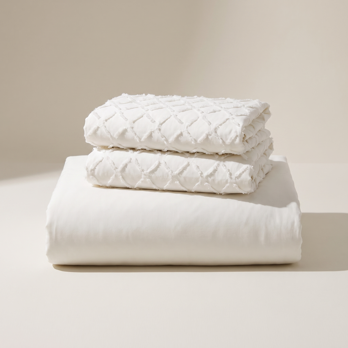 Pearl Duvet Cover Set, folded stack, ivory with a raised diamond