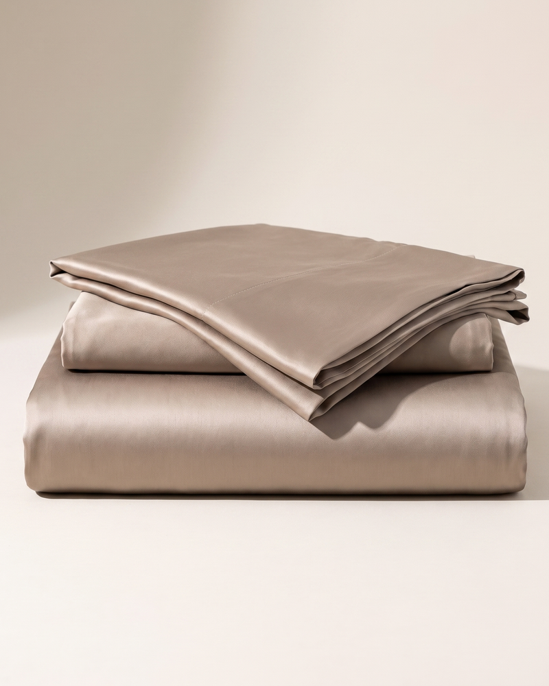 Almond Satin Duvet Cover Set, folded stack