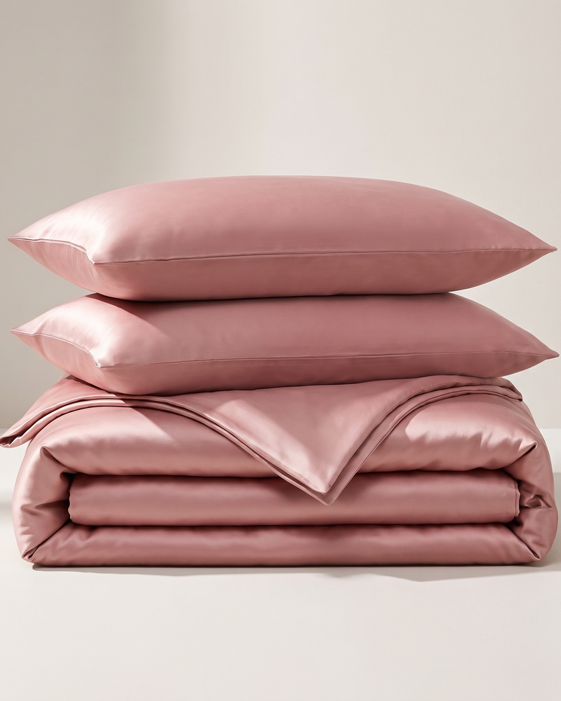 Peach Satin Duvet Cover Set, folded stack